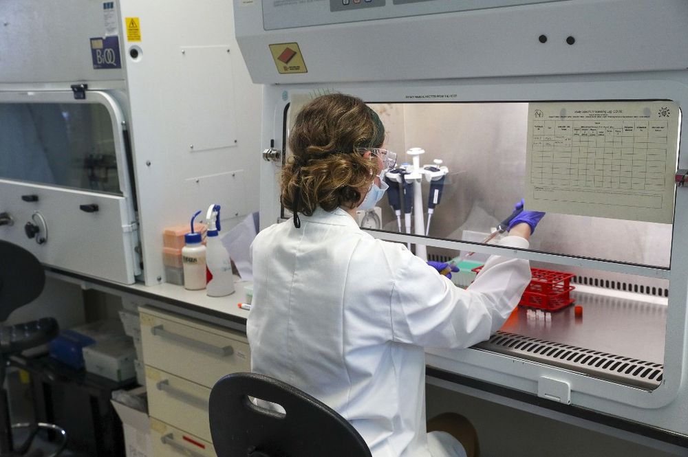 A scientist is pictured working at the Churchill Hospital in Oxford, west of London on June 24, 2020.