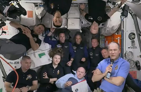 The 11-person crew aboard the station comprises of (bottom L-R) Denis Matveev, Kayla Barron, Oleg Artemyev, and station Commander Tom Marshburn; (center L-R) Mark Pathy, Eytan Stibbe, Larry Connar, and Michael Lopez-Alegria; (Top L-R) Sergey Korsakov, Raja Chari, and Matthias Maurer. (credit: NASA)